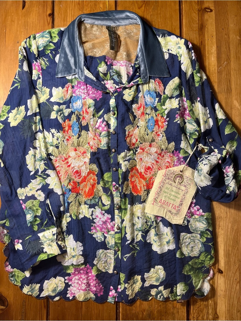 Aratta Navy Floral Embroidered Button Shirt